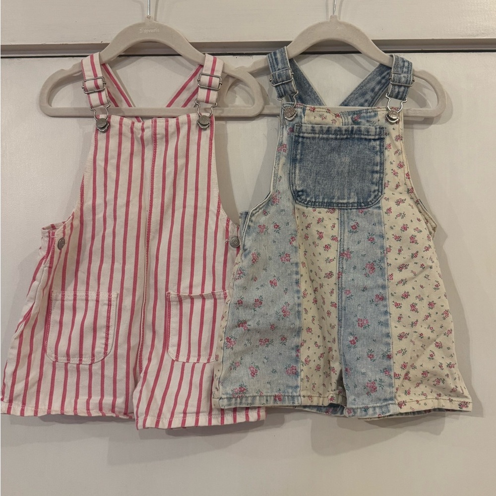 Zara Pink Stripe and Floral Patch Denim Overalls Duo
